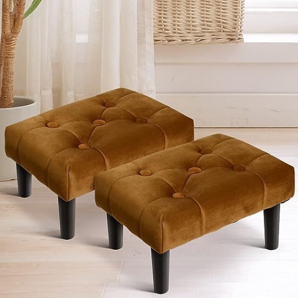 Ripple FURNITURESmall Footstool Ottoman,Velvet Soft Footrest Ottoman with Wood Legs,Sofa Footrest Extra Seating for Living Room Entryway Office (Coffee)