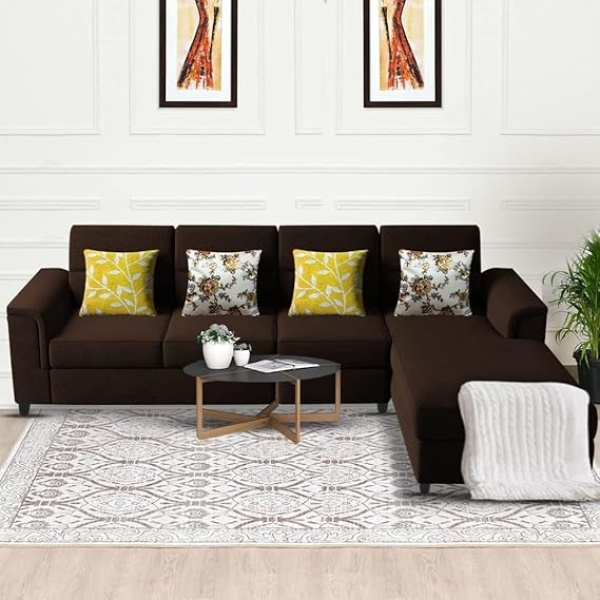 Ripple FURNITURE Harmony 6-Seater L-Shape Sofa Set for Living Room (Brown)