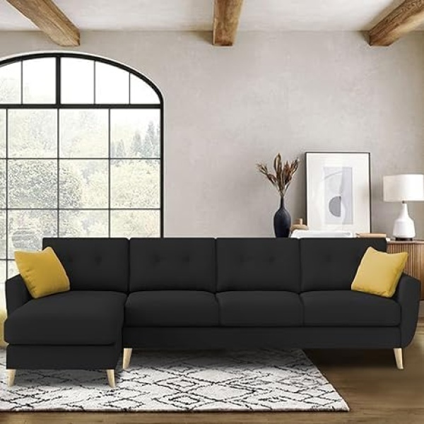 Ripple FURNITURE "VerdeLux L-Shaped Sofa Set - 6 Seater (LHS) with Premium Velvet Upholstery" (Black Fabric)