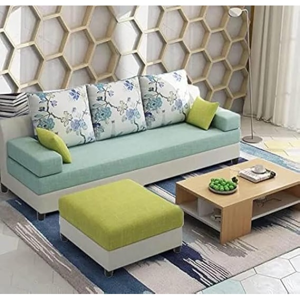 Ripple FURNITURE 3 Seater With Ottoman Sofa Set For Living Room (Light Green Fabric)