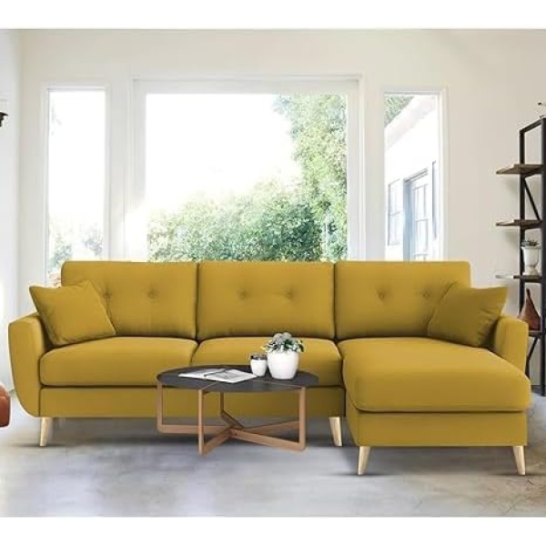 Ripple FURNITURE "Royal Azure Elegance 4 Seater L-Shaped Living Room Sofa in Plush Velvet Fabric" (RHS, Yellow Fabric)