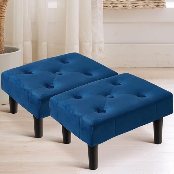 Ripple FURNITURE Small Footstool Ottoman,Velvet Soft Footrest Ottoman with Wood Legs,Sofa Footrest Extra Seating for Living Room Entryway Office (Blue)