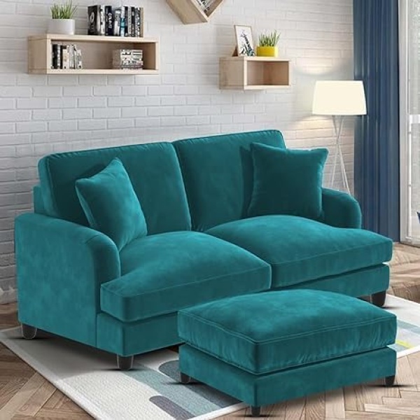 Ripple FURNITURE Sedona 2 Seater Velvet Sofa Set with Ottoman (Pine)
