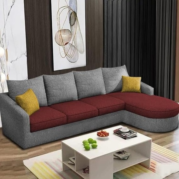 Ripple FURNITURE Sumptuous Serenity: The Round Lounger L-Shape 6 Seater Sofa Set for Your Living Room (RHS) (Maroon Grey)