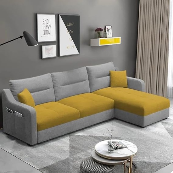 Ripple FURNITURE RHS 4 Seater L Shape Sofa Set For Living Room (Yellow Grey Fabric)