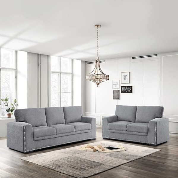Ripple FURNITURE  Living Room Furniture Set, Modern Couches for Living Room, Chenille Upholstered Couch Set, Including Sofa, Loveseat with Solid Wood Frame, 2-Piece Set, Gray​