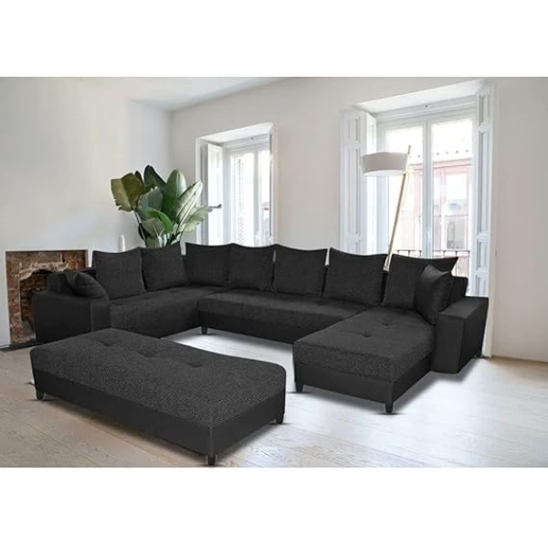 Ripple FURNITURE 8 Seater L Shape Sofa For Living Room (Black)