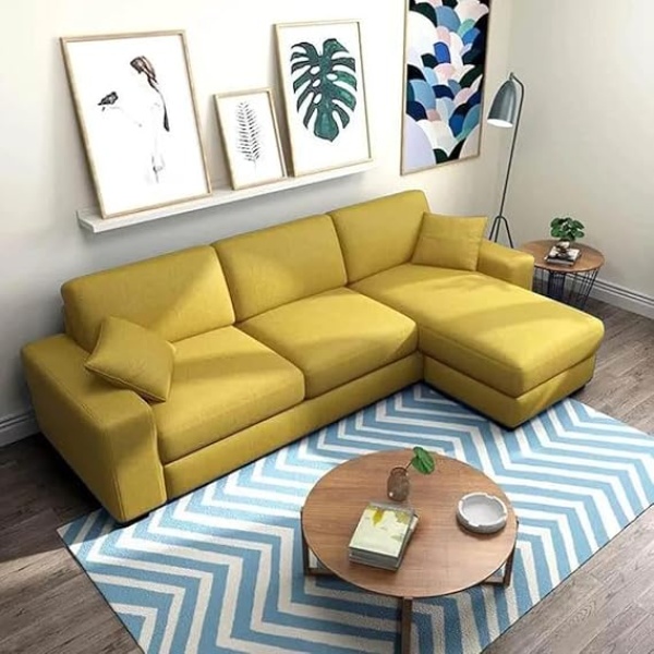 Ripple FURNITURE 4 Seater L Shape Sofa For Living Room (Yellow Fabric)