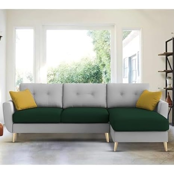Ripple FURNITURE "Royal Azure Elegance 4 Seater L-Shaped Living Room Sofa in Plush Velvet Fabric" (RHS, Green Grey Fabric)