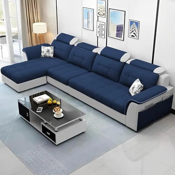 Ripple FURNITURE Luxury L Shape LHS Sofa For Living Room In Premium Fabric (Blue Grey)