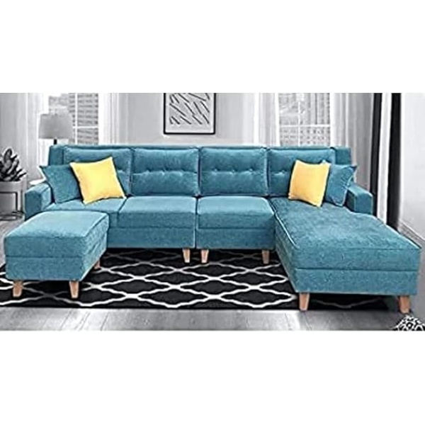 Ripple FURNITURE 6 Seater L Shape RHS Sofa For Living Room (Sky Blue Fabric)