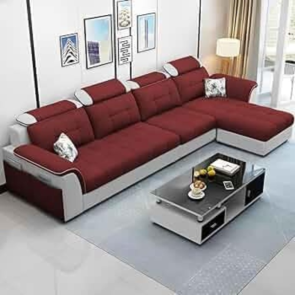 Ripple FURNITURE Luxury RHS L Shape Sofa Set For Living Room in Premium Fabric (Maroon Grey)