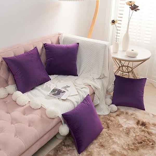 Ripple FURNITURE Volcanics Pack of 4 Velvet Decorative Throw Pillow Covers Soft Solid Square Couch Pillow Cover Case Cushion Pillowcase 18x18 Inches, Eggplant Purple