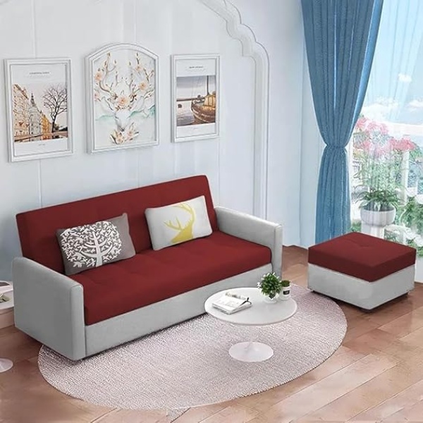 Ripple FURNITURE Luxury 3 Seater Sofa For Living Room In Premium Velvet Fabric (Maroon Grey)