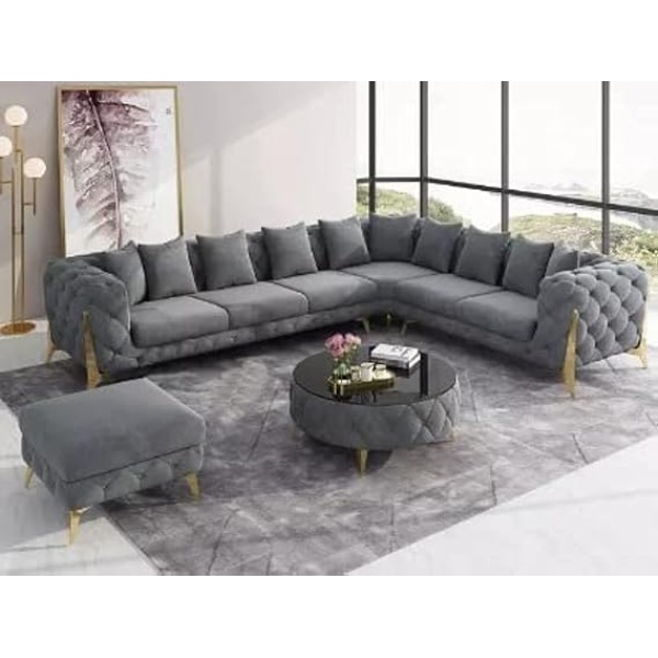 Ripple FURNITURE Luxury traditional velvet L shape chesterfield sofa set, living room furniture with golden legs
