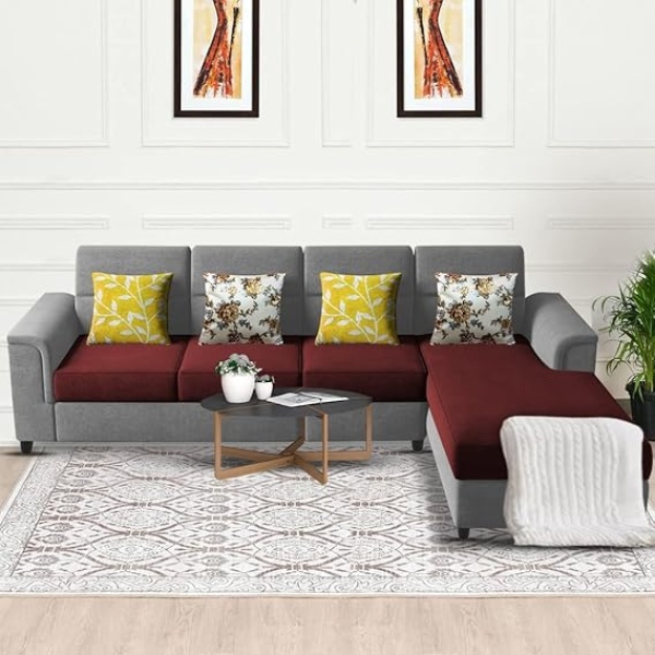 Ripple FURNITURE Harmony 6-Seater L-Shape Sofa Set for Living Room (Maroon Grey)