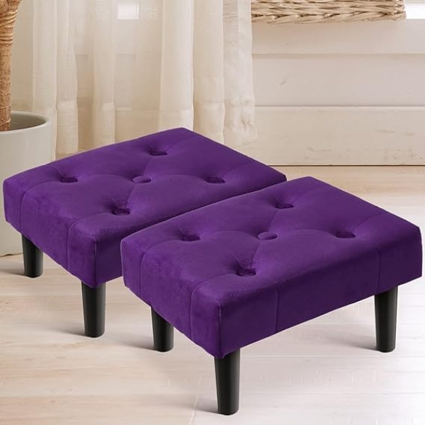 Ripple FURNITURE Small Footstool Ottoman,Velvet Soft Footrest Ottoman with Wood Legs,Sofa Footrest Extra Seating for Living Room Entryway Office (Purple)