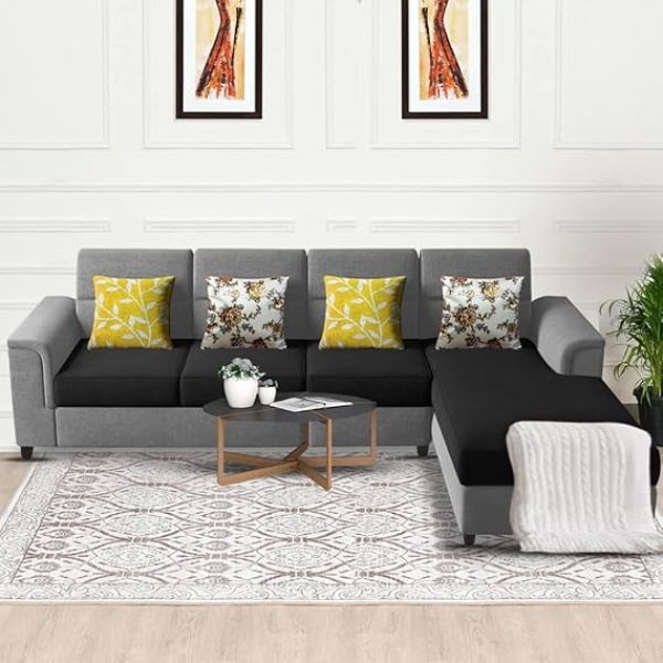Ripple FURNITURE Harmony 6-Seater L-Shape Sofa Set for Living Room (Black Grey)