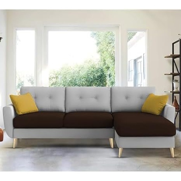 Ripple FURNITURE "Royal Azure Elegance 4 Seater L-Shaped Living Room Sofa in Plush Velvet Fabric" (RHS, Brown Grey Fabric)