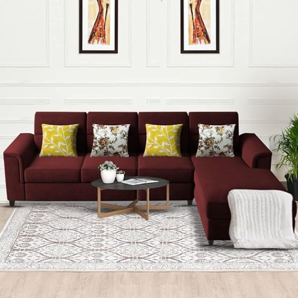 Ripple FURNITURE Harmony 6-Seater L-Shape Sofa Set for Living Room (Maroon)