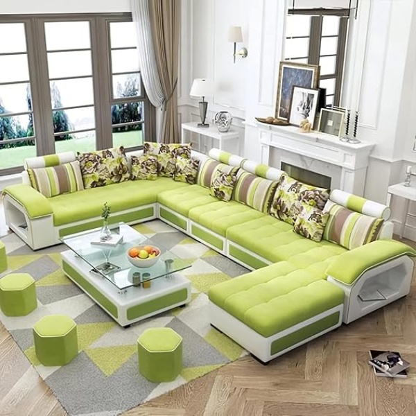 Ripple FURNITURE U Shape 9 Seater Modern Interchangeable Fabric Sofa Set with 4 Puffy (Right, Green & White)