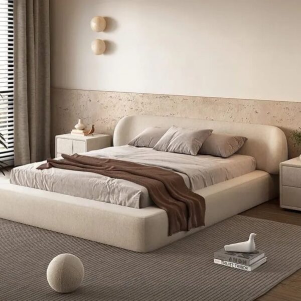 Ripple Furniture Modern Upholstered Platform Bed Frame with Rounded Curved Headboard, Low Profile Fabric Bed, Soft Padded Frame, No Box Spring Needed, Minimalist Contemporary Bedroom Furniture – Cream White