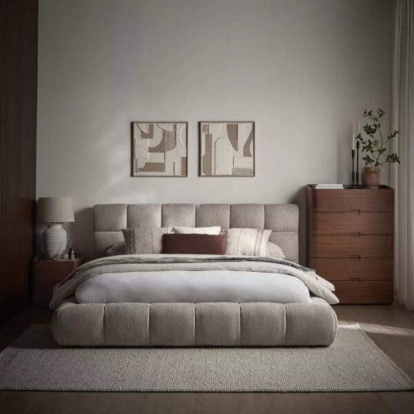 Modern Upholstered Platform Bed Frame with Soft Fabric Headboard, Luxury Minimalist Low Profile Bed for Bedroom, Contemporary Designer Bed Base for Home & Apartment, Beige Color