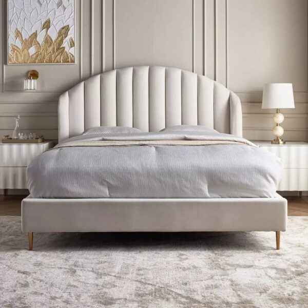 Ripple Furniture Swirl Modern Upholstered Platform Bed Frame with Curved Channel-Tufted Headboard, Luxury Fabric Bed with Gold Metal Legs, No Box Spring Needed, Contemporary Bedroom Bed – Cream