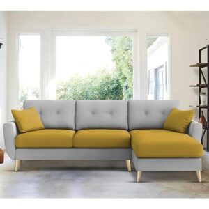 "Royal Azure Elegance 4 Seater L-Shaped Living Room Sofa in Plush Velvet Fabric" (RHS, Yellow Grey Fabric)