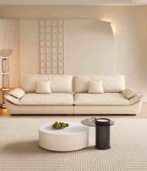Ripple Modern Luxury Sectional Sofa, Contemporary Design, Beige Leather, Plush Cushions