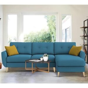 "Royal Azure Elegance 4 Seater L-Shaped Living Room Sofa in Plush Velvet Fabric" (RHS, Turquise Fabric)