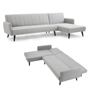 Ripple Furniture Modern 3-Seater Sofa Bed with Chaise, Light Grey Velvet, 332 cm Wide, Ribbed Backrest, Armless Design
