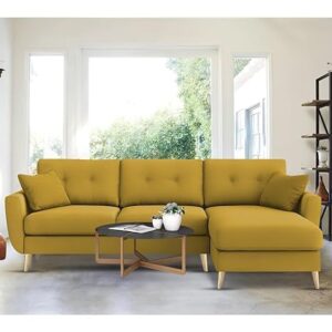 "Royal Azure Elegance 4 Seater L-Shaped Living Room Sofa in Plush Velvet Fabric" (RHS, Yellow Fabric)