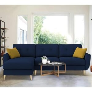 "Royal Azure Elegance 4 Seater L-Shaped Living Room Sofa in Plush Velvet Fabric" (LHS, Blue Fabric)
