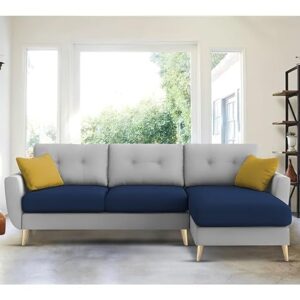 "Royal Azure Elegance 4 Seater L-Shaped Living Room Sofa in Plush Velvet Fabric" (RHS, Blue Grey Fabric)