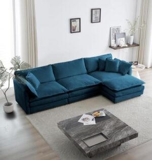 Ripple FURNITURE Luxury Velvet Sofa Couch with Chaise Lounge Chair, Blue, for Living Room, Bedroom, Family Room, Den, Guest Room, Office, Dining Room