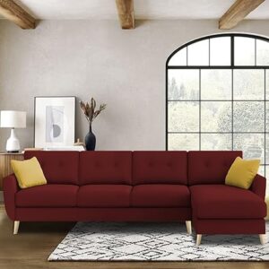 "VerdeLux L-Shaped (RHS) Sofa Set - 6 Seater with Premium Velvet Upholstery" (Maroon Fabric)