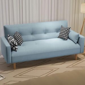 Modern Convertible Loveseat Sofa, Cotton Linen 2-Seater Couch with Square Arms, 3 Pillows & Natural Wood Legs, Compact Small Space Sofa for Living Room, Bedroom, Apartment, Easy Assembly (Light Blue)