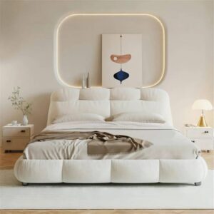 Ripple FURNITURE Modern Upholstered Platform Bed Frame, White Fleece Fabric, Multiple Sizes, Tufted Headboard, Wood Construction, 105cm Height