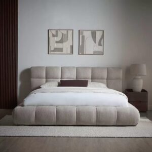Modern Upholstered Platform Bed Frame with Soft Fabric Headboard, Luxury Minimalist Low Profile Bed for Bedroom, Contemporary Designer Bed Base for Home & Apartment, Beige Color (160x200)