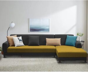 6 Seater RHS L Shape Sofa For Living Room (Yellow Black Fabric)