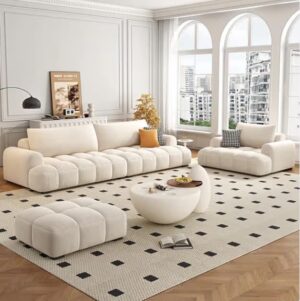 Beige Modern Sectional Sofa Set with Ottoman, 3-Seater Upholstered Fabric Couch, Tufted Cushions, Italian Minimalist Corner Sofa for Living Room