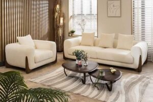 Ripple FURNITURE Modern Boucle Sofa with Contemporary Design, White Fabric Upholstery, Wooden Base,(3+1 Seater with Ottoman)