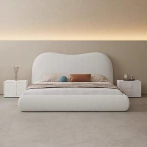 Ripple Furniture Modern Platform Bed Frame, White Fleece Fabric, Queen/King Size, Curved Headboard Design, 160x220cm, Without Mattress