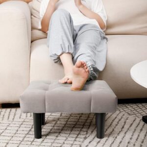 Small Footstool Ottoman,Velvet Soft Footrest Ottoman with Wood Legs,Sofa Footrest Extra Seating for Living Room Entryway Office (Grey)