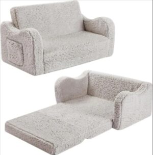Ripple FURNITURE Kids Foldable Foam Sofa Chair, 2-in-1 Plush Convertible Sofa Bed, Grey