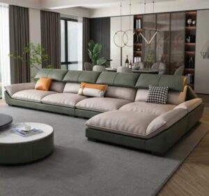 Nordic Style Modern Luxury Leather Living Room Couch (Green & Beige)