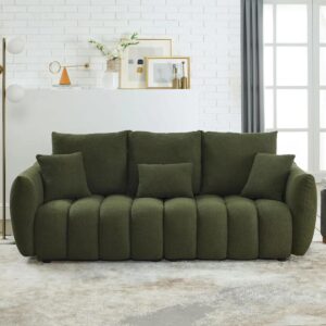 Ripple FURNITURE Modern Channel Tufted Sofa with 5 Throw Pillows, Plush Fabric Upholstery, Army Green