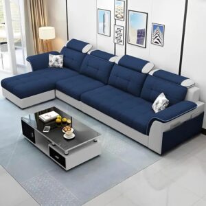 Luxury L Shape LHS Sofa For Living Room In Premium Fabric (Blue Grey)