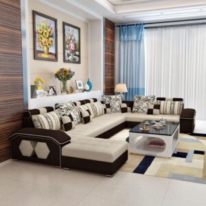 Ripple FURNITURE U Shape 9 Seater Modern Interchangeable Fabric Sofa Set with 4 Puffy (Left, Cream & Dark Brown)